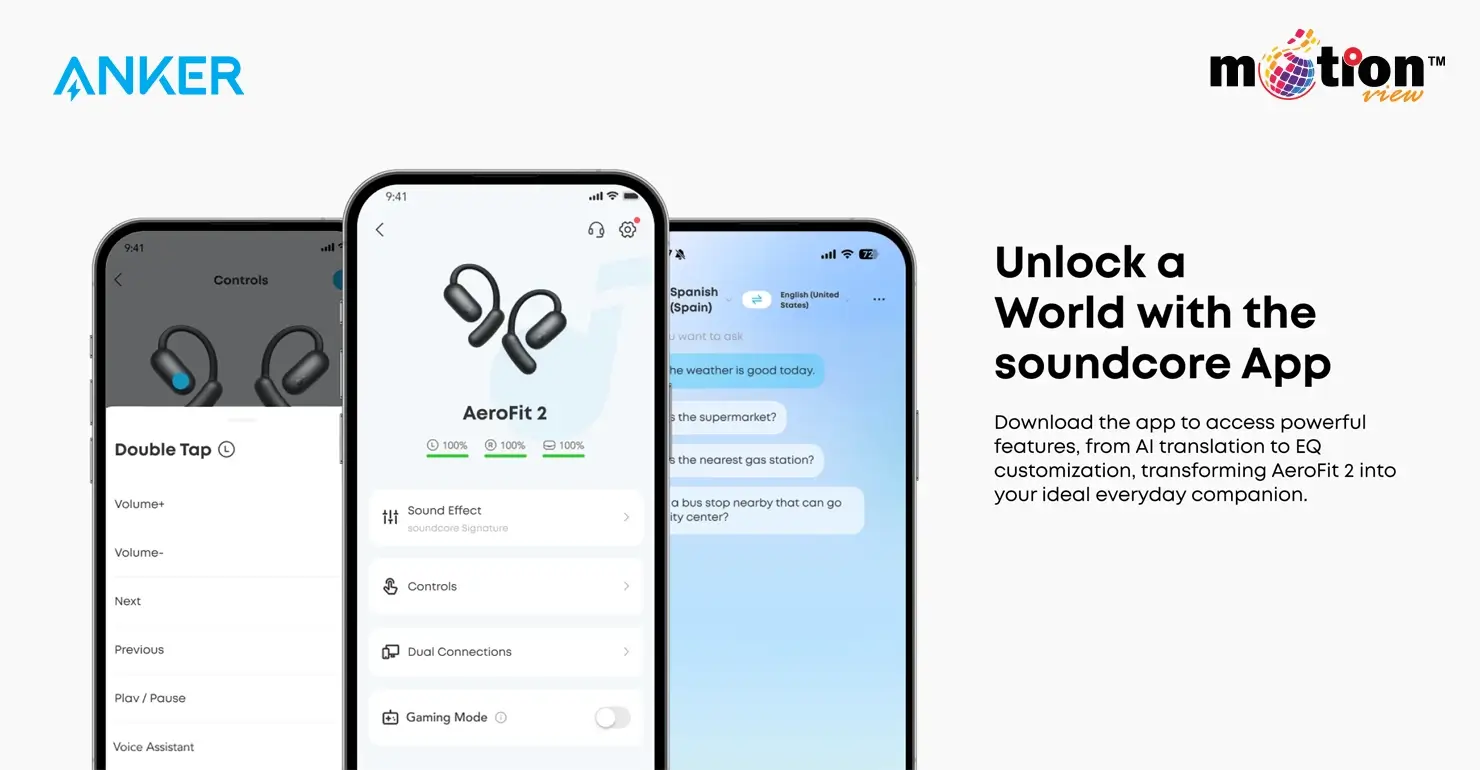 The soundcore app interface showing customization options for AeroFit 2 including EQ settings and touch controls.