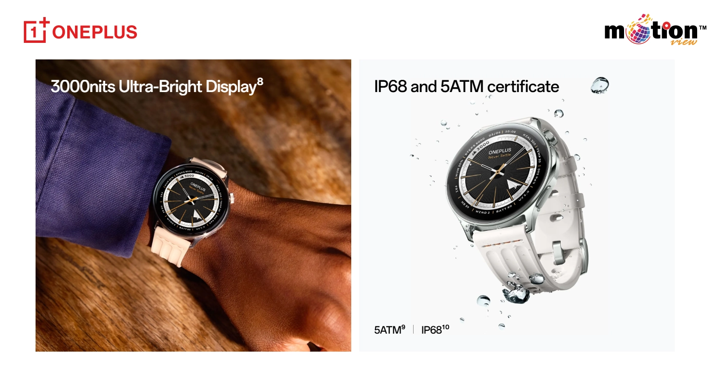 Dual panel showing OnePlus Watch Lite 3000 nits ultra-bright display in sunlight and IP68 5ATM water resistance certification.