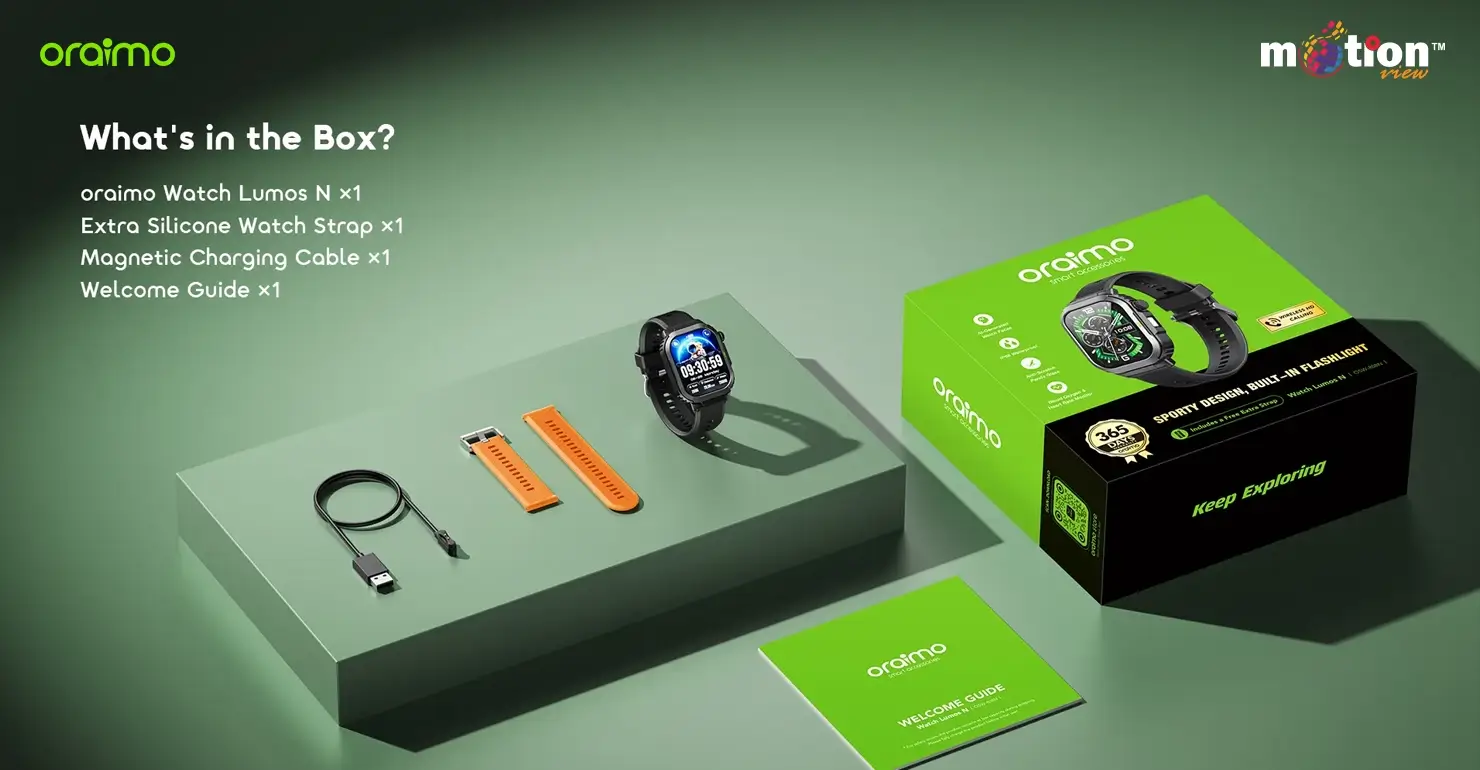 Unboxing the oraimo Watch Lumos N OSW-808N showing the smartwatch, green retail box, extra orange silicone strap, magnetic charging cable, and welcome guide