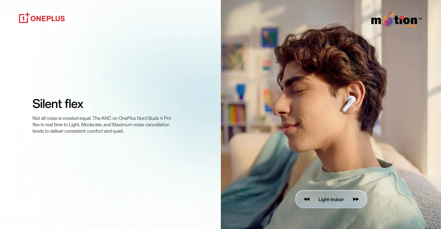 Person wearing OnePlus Nord Buds 4 Pro showing Silent Flex adaptive noise cancellation levels