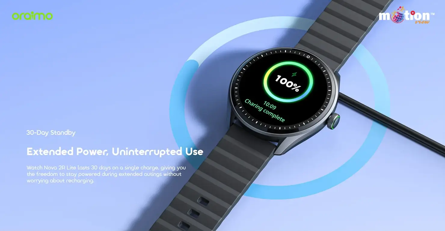 oraimo Watch Nova 2R Lite OSW-824 smartwatch charging, highlighting its extended power and up to 30-day standby battery life