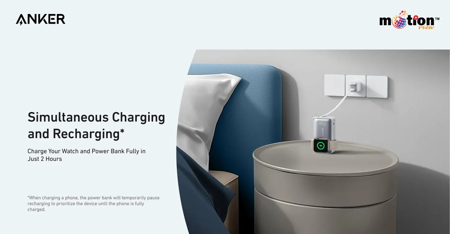 Anker MagGo 10K Power Bank simultaneously recharging itself from a wall outlet while wirelessly charging an Apple Watch on a bedside nightstand