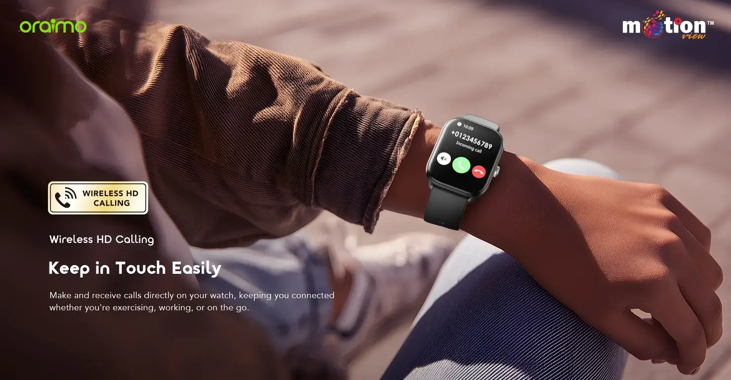 Person outdoors using the wireless HD calling feature to answer a phone call directly on the oraimo Watch 6 Lite OSW-809