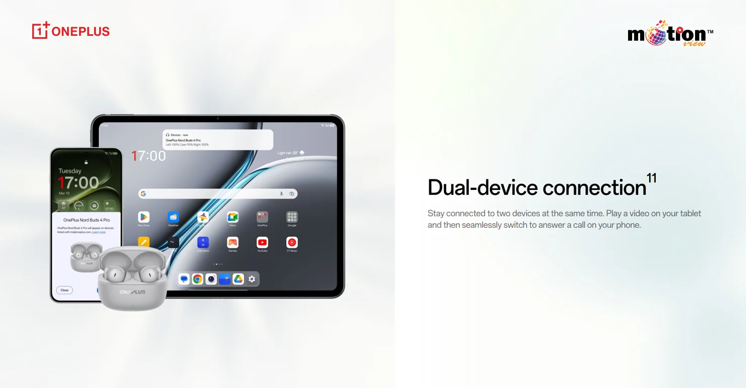 OnePlus Nord Buds 4 Pro dual-device connection feature on tablet and smartphone