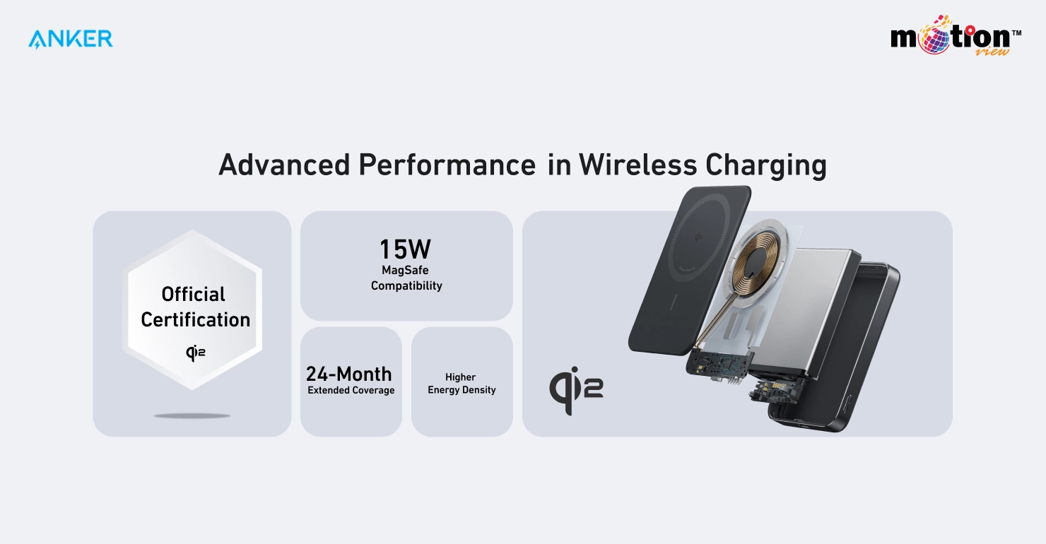 Alt Text: Person holding a smartphone charging with the Anker MagGo 10K Slim Magnetic Power Bank, featuring space-grade thermal insulation to prevent overheating.
