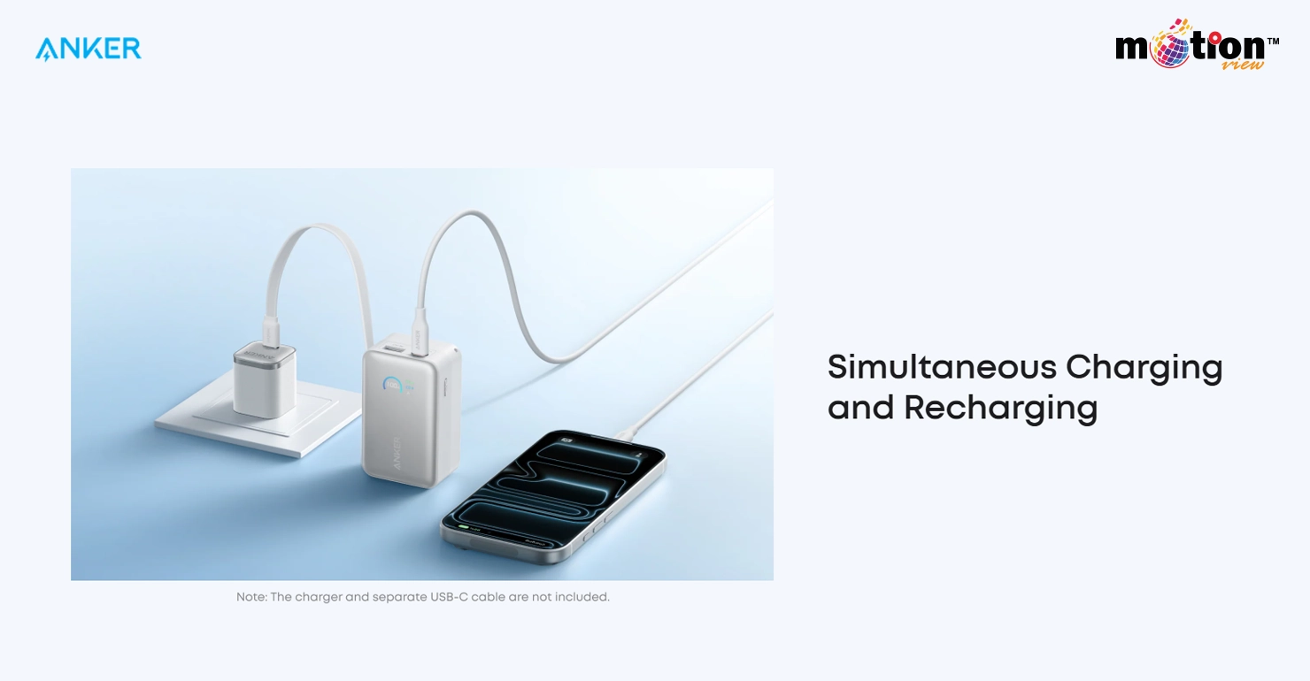 Anker Nano power bank performing simultaneous charging and recharging for a smartphone and external battery.