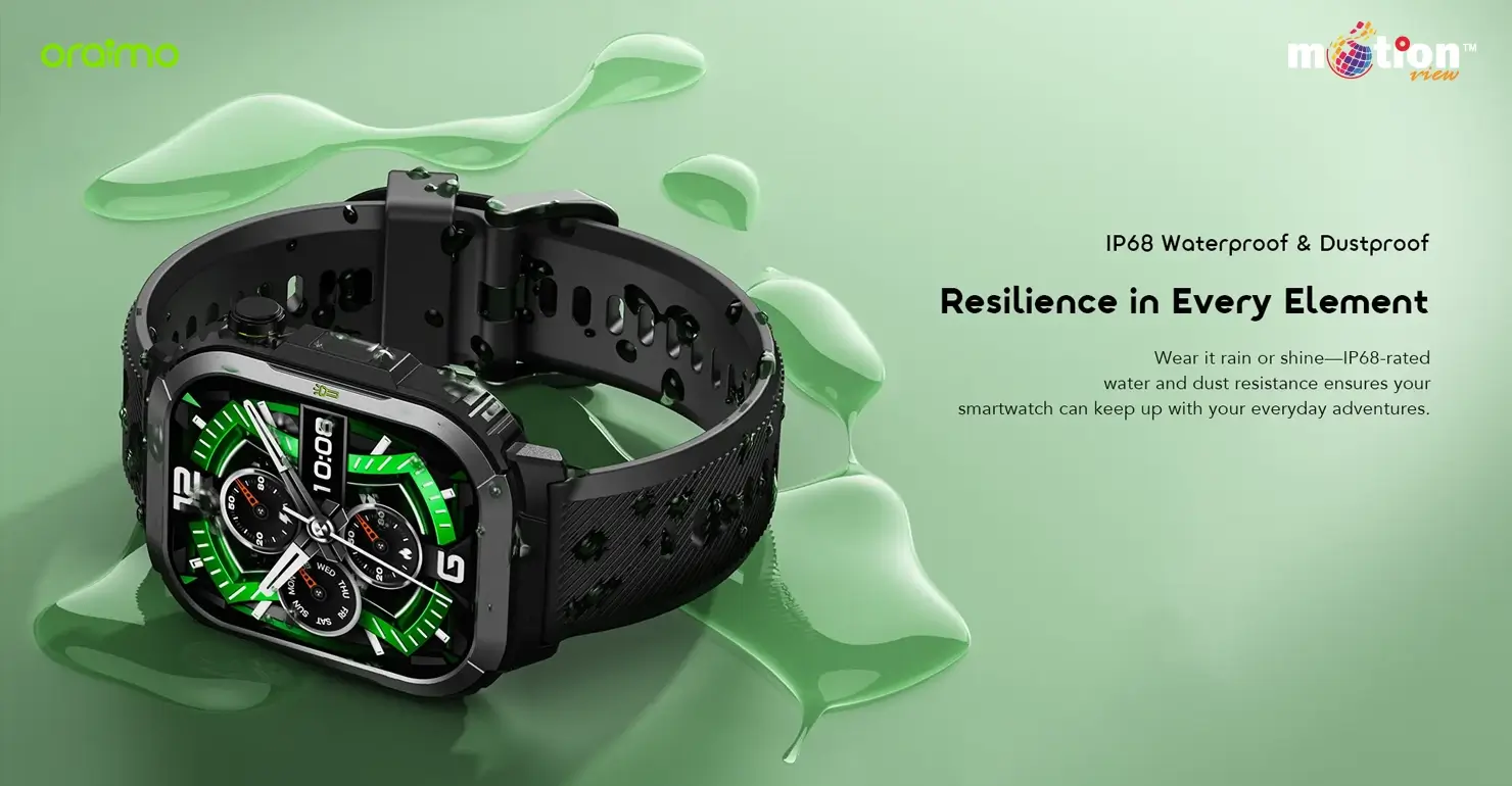 oraimo Watch Lumos N OSW-808N smartwatch covered in water droplets demonstrating its IP68 waterproof and dustproof rating