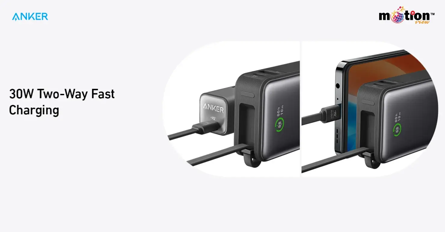 Close-up of Anker Nano Power Bank showing 30W two-way fast charging capability for both the power bank and connected devices.