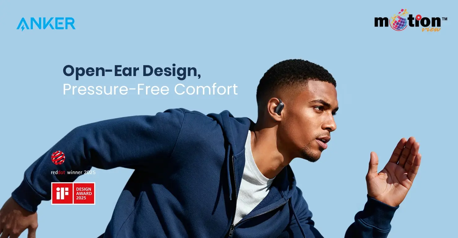 A man running wearing Soundcore AeroFit 2 open-ear headphones, winner of the Red Dot and iF Design Awards 2025.