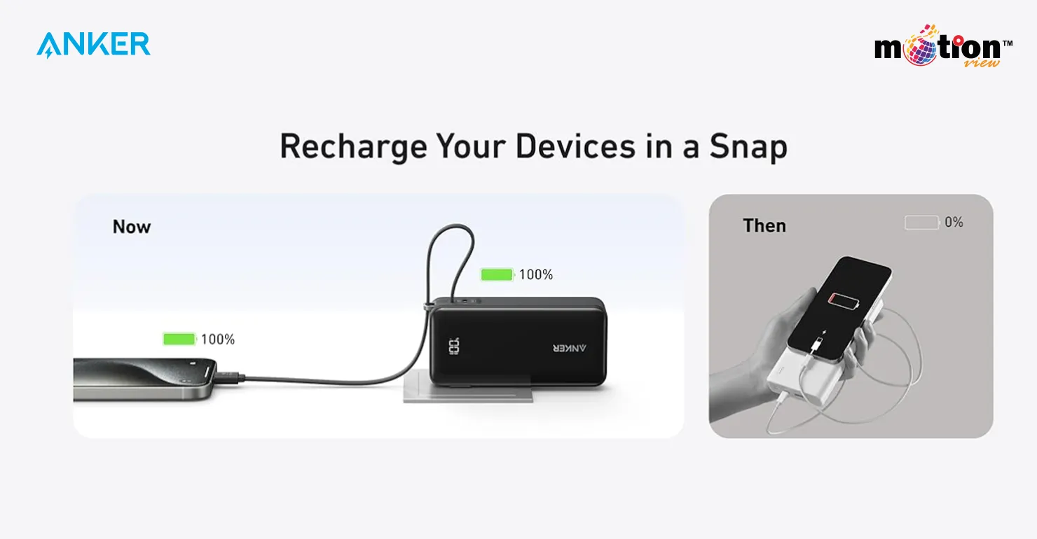 Demonstration of the Anker 10K Fusion Power Bank easily recharging a smartphone on a desk and while being held together in one hand