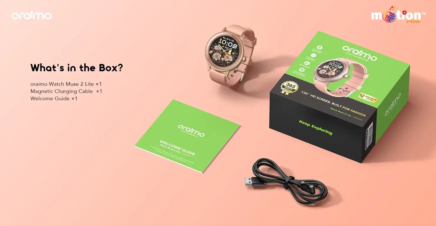 Oraimo Watch Muse 2 Lite unboxing layout displaying the watch, green packaging box, magnetic charging cable, and welcome guide.