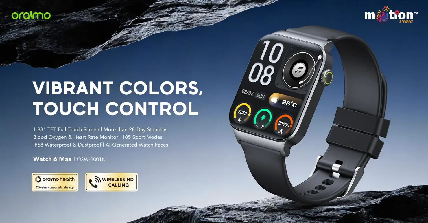 oraimo Watch 6 Max OSW-8001N Smart Watch showcasing its vibrant 1.83-inch TFT full touch screen on a rugged stone background