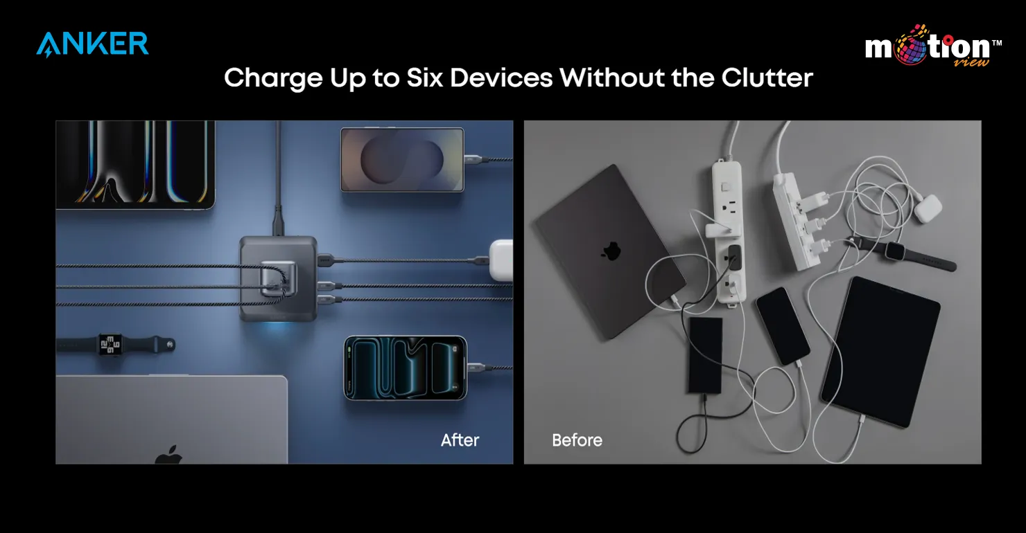 Before and after visual comparison demonstrating how the Anker Prime Base replaces cluttered power strips to charge up to six devices neatly