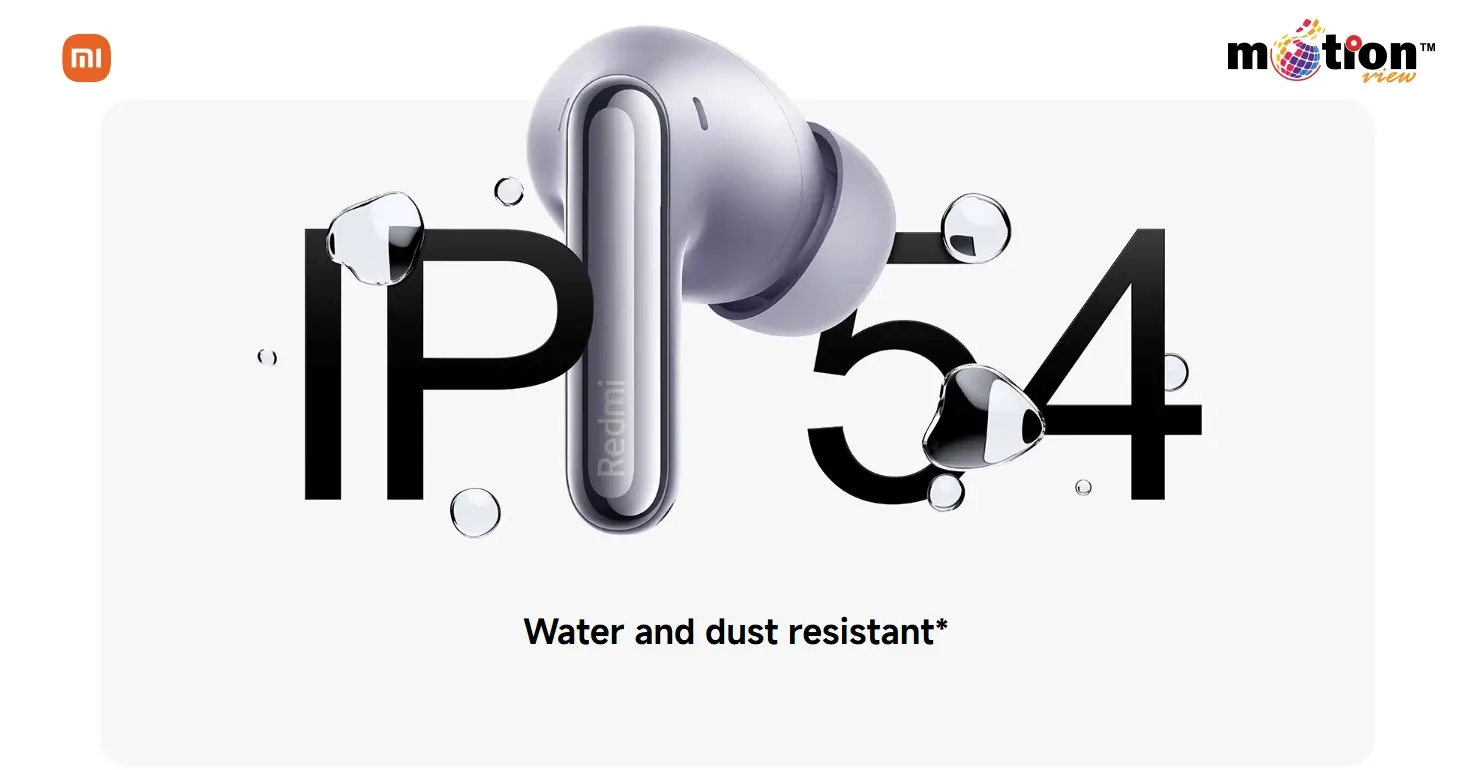 Redmi Buds 6 Pro IP54 water and dust resistant certification with water droplets.