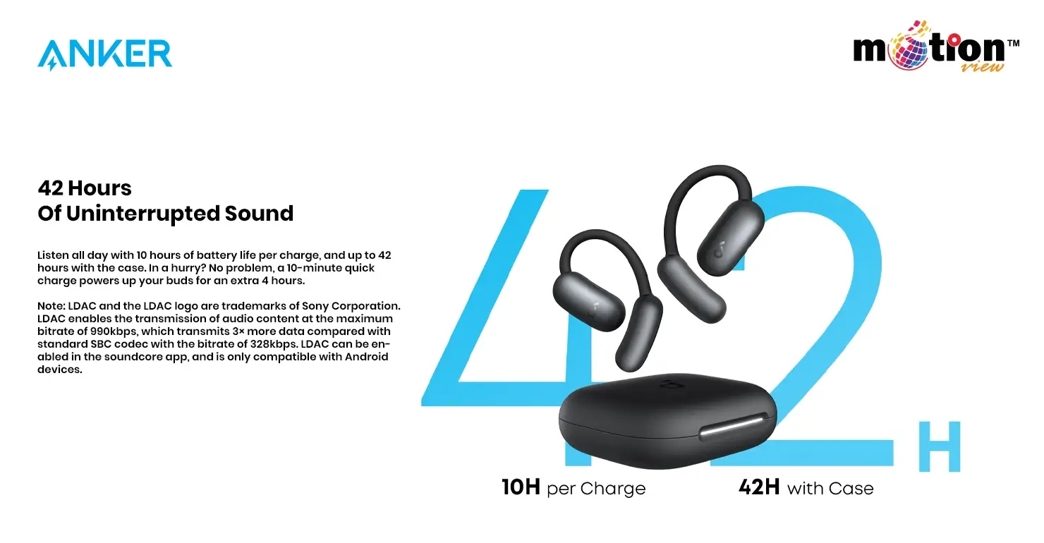 Soundcore AeroFit 2 battery performance: 10 hours per charge and up to 42 hours with the charging case.