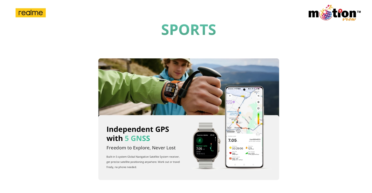 realme Watch S5 110 plus sports modes tracking running, cycling, and more.