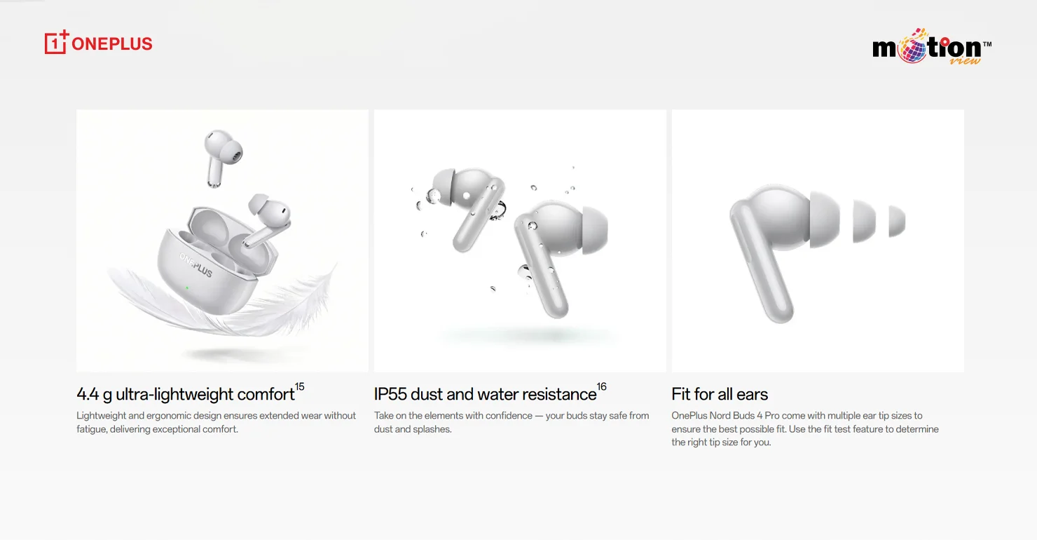 OnePlus Nord Buds 4 Pro IP55 water resistance and 4.4g lightweight ergonomic design