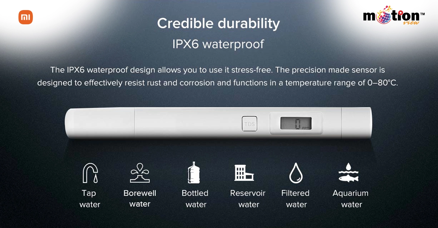 Durable IPX6 waterproof Xiaomi TDS Water Quality Tester suitable for tap, borewell, and aquarium water.
