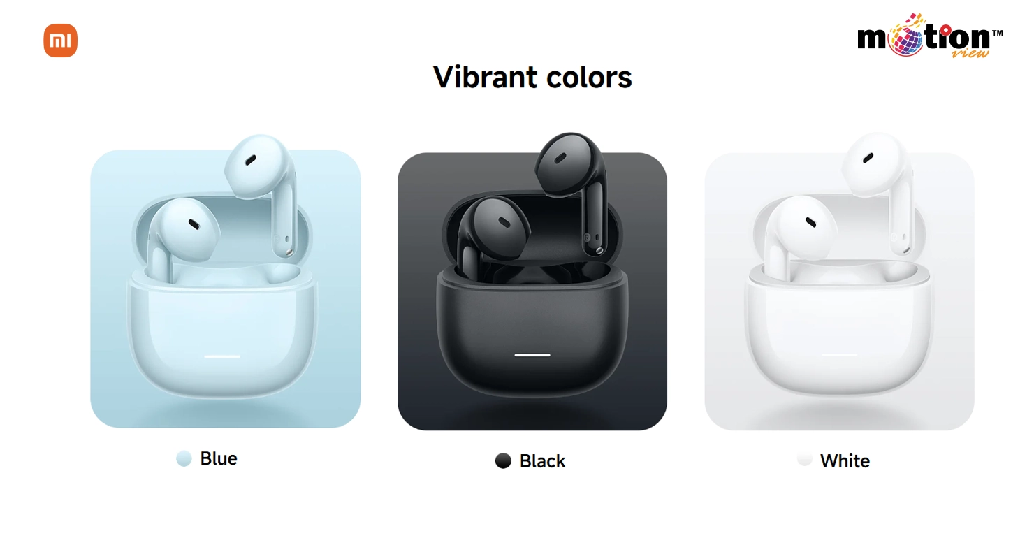 Vibrant color options for Redmi Buds 8 Active including Blue, Black, and White variants.