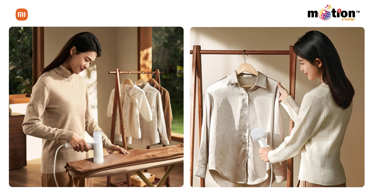 Dual-pane image demonstrating the Xiaomi Handheld Garment Steamer 2 being used for both horizontal ironing on a board and vertical steaming on a hanging shirt.