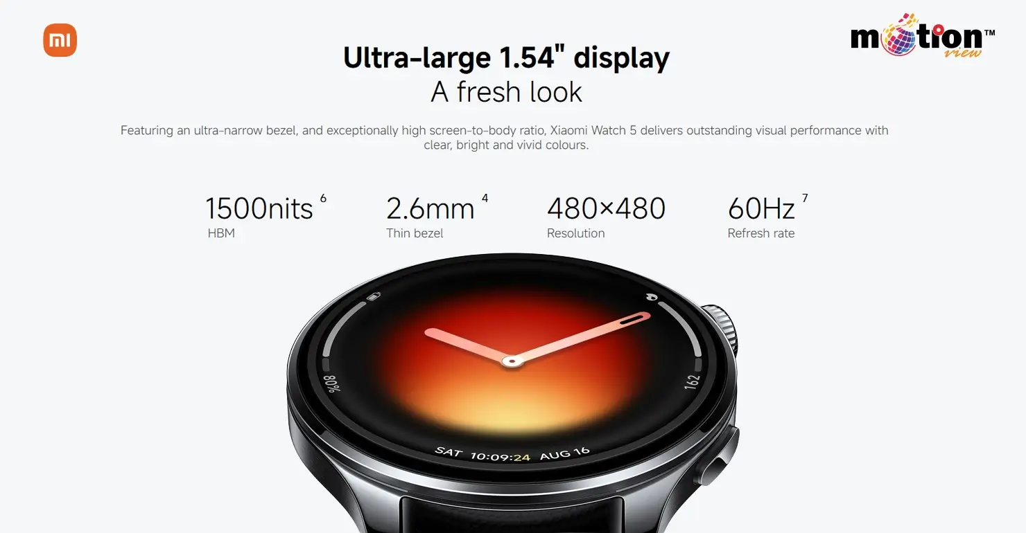 Technical specs of Xiaomi Watch 5 display featuring 1500 nits brightness, 60Hz refresh rate, and 480x480 resolution.