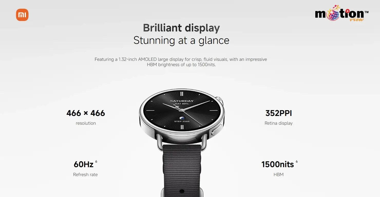 Xiaomi Watch S4 41mm Smart Watch 1.32-inch AMOLED display specs showing 1500 nits brightness and 466x466 resolution.