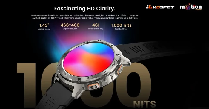 Original KOSPET TANK T3 BT Calling Smart Watch 1.43" AMOLED 466x466 Always-on Display